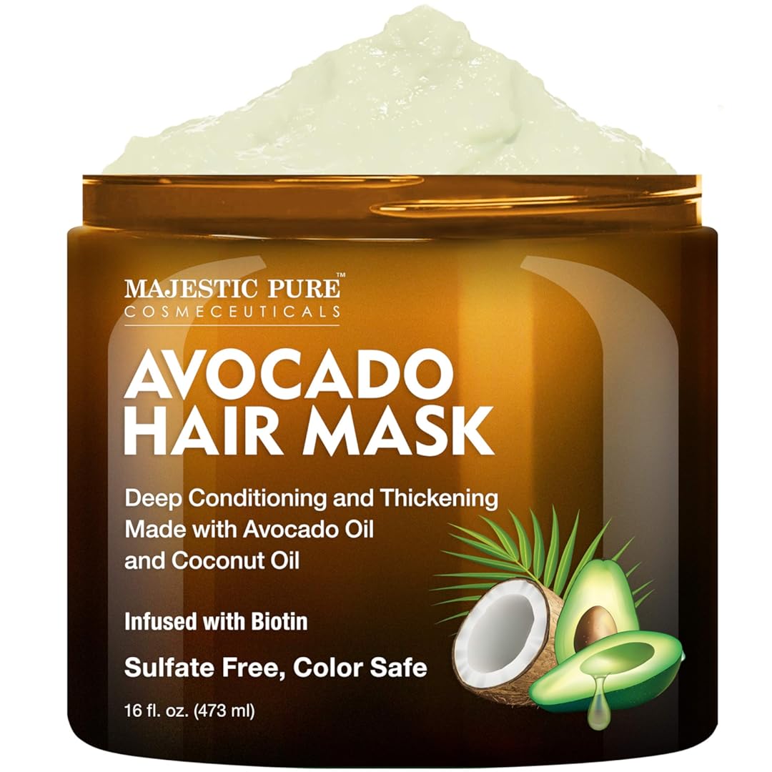 MAJESTIC PURE Avocado and Coconut Hair Mask for Dry Damaged Hair - Infused with Biotin - Deep Conditioning, Hair Thickening, for Healthy Hydrated Hair, Sulfate Free, 16 fl oz