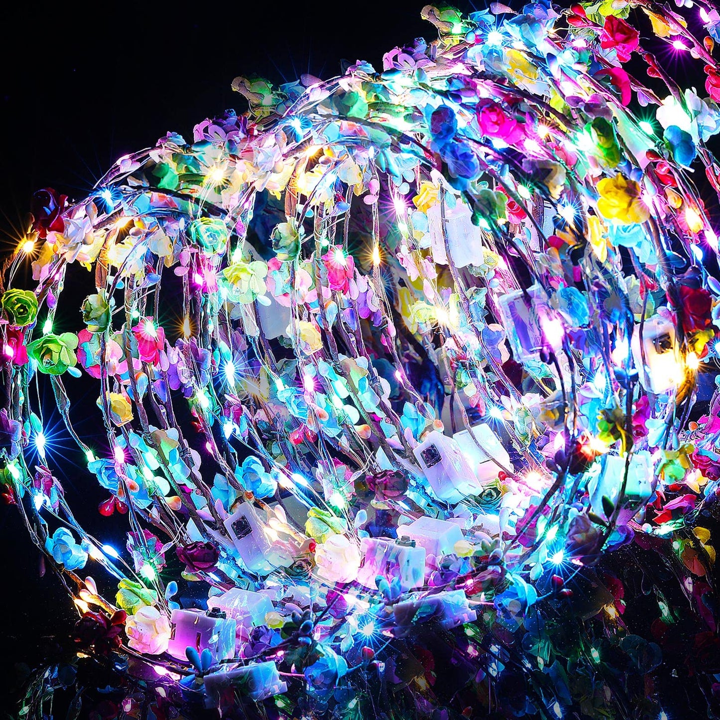 Yunsailing 64 Pcs Light up Flower Headband LED Hair Crown Girl Headpiece Luminous Tiara Glowing Floral Headdress(Classic)