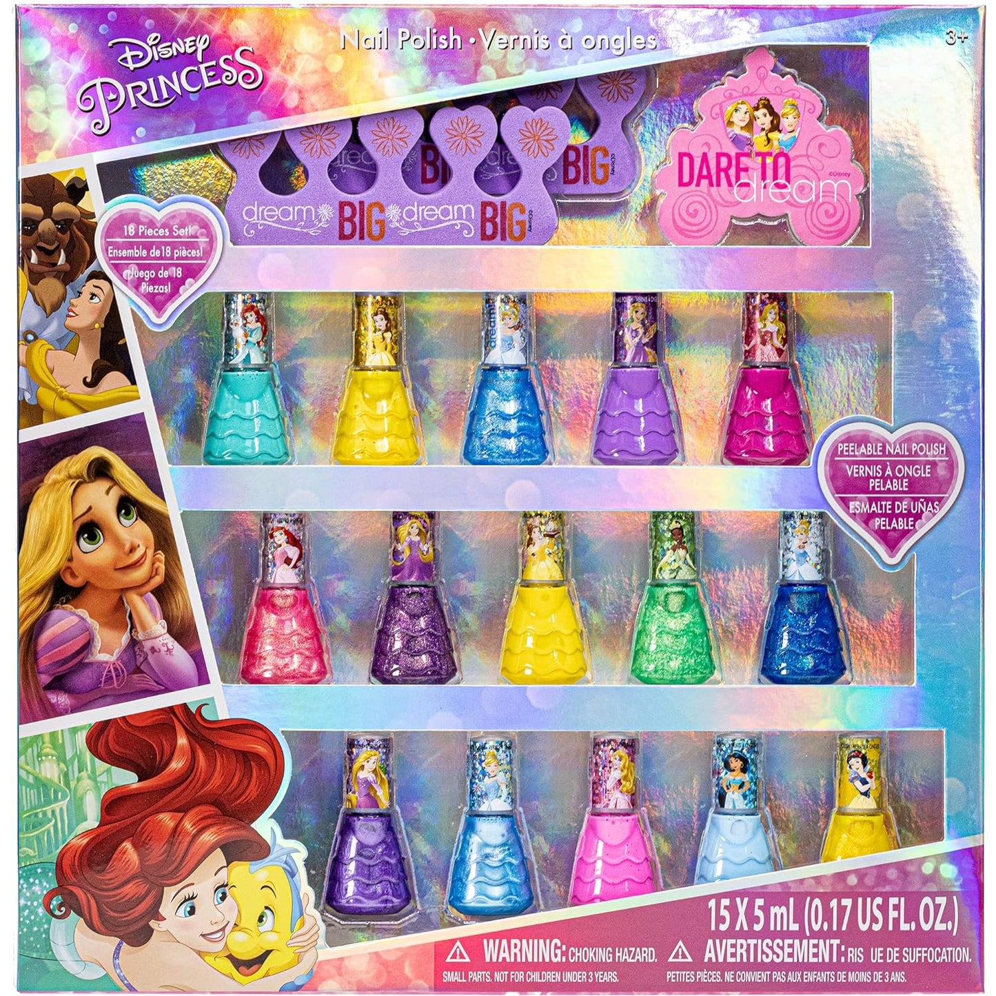 Townley Girl Disney Princess Non-Toxic Peel-Off Water-Based Natural Safe Quick Dry Nail Polish| Gift Kit Set for Kids Girls| Glittery and Opaque Colors| Ages 3+ (18 Pcs)