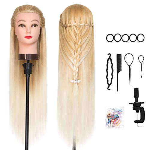 DANSEE 28" Mannequin Head Synthetic Hair Hairdresser Training Manikin Cosmetology Doll Head Blonde with DIY Braiding Set+ Free Table Clamp(27-613)