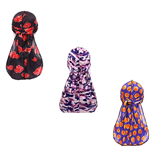 Military Camouflage Premium Silky Durags with Long Tail Colorful 360 Waves Doo rag for Men Du rag Cap (3/4 Packed) (Set15)