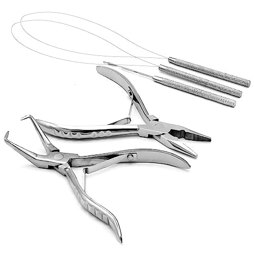 Professional Hair Extension & Beading Tool Kit Remove Plier Set for beads (4 Piece) I-Link Micro Ring Loop Needle Pulling Hook Threader Wire for Silicone Rings (Silver)