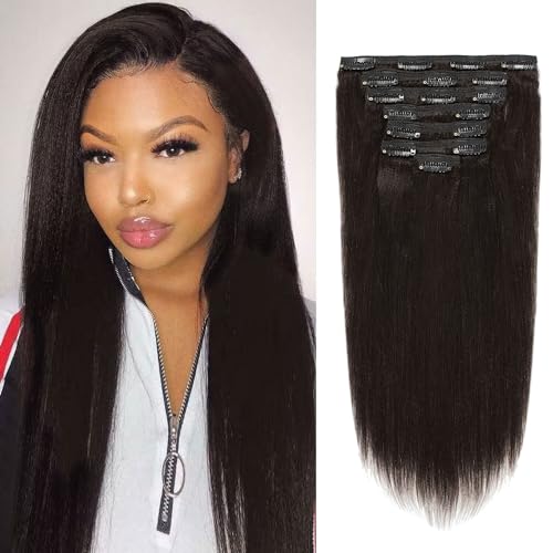 Loxxy Light Yaki Straight Human Hair Clip ins Hair Extensions Full Head Natural Black Hair Extensions for Black Women Relaxed Hair 120g/set 7pcs 16 inch