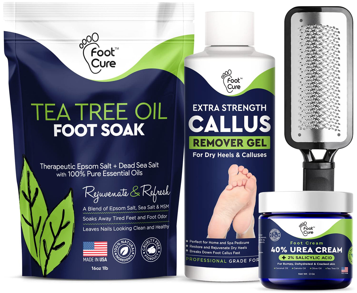 Foot Cure Foot Care/ Exfoliator & Callus Remover Pedicure Set Ð Includes Foot File for Dead Skin, Tea Tree Oil Foot Soak Salts, Urea Cream 40 Percent & Foot Callus Removal Gel Ð Made in USA