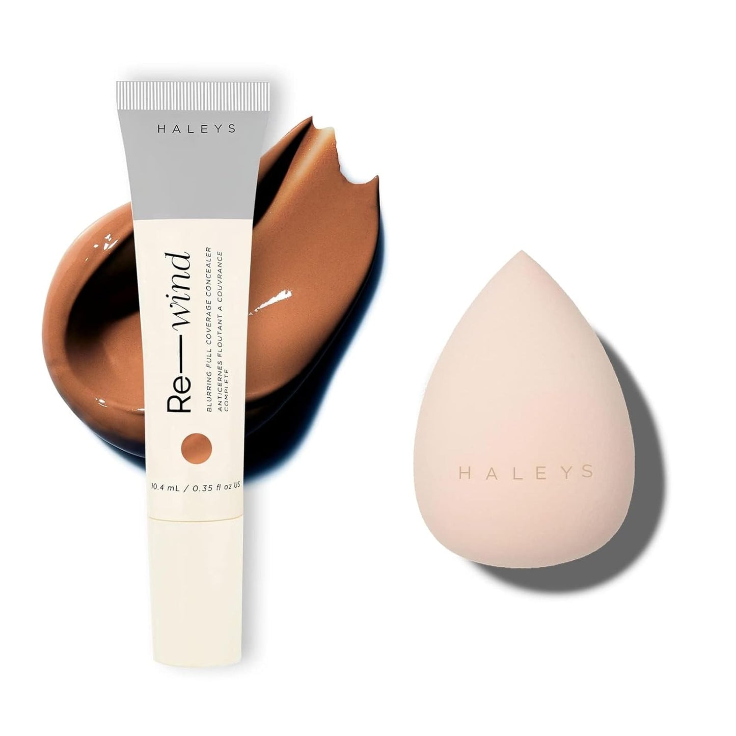 HALEYS Full-Coverage Concealer Set (Dark-Neutral): Re-wind Blurring Full Coverage Concealer, Brighten, Reduce dark circles and fine lines, Longwear, Lightweight, Re-mix Makeup Sponge, Smooths, Blurs