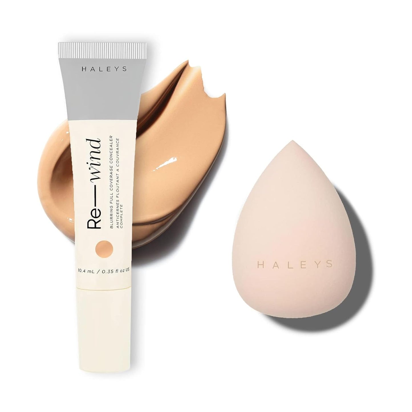 HALEYS Full-Coverage Concealer Set (Medium Dark-Neutral): Re-wind Blurring Full Coverage Concealer, Brighten, Reduce dark circles and fine lines, Longwear, Lightweight, Re-mix Makeup Sponge, Smooths