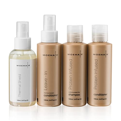 MOEHAIR Travel Kit (Protein Shampoo and Conditioner Set, Leave-In Conditioner & Thermal Shield Heat Protectant Spray 3.4 Fl Oz Each) Sulfate & Paraben Free | Suitable for All Hair Types