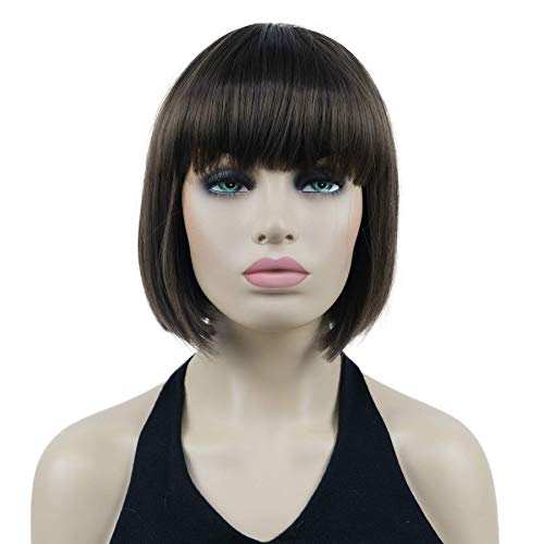 Lydell 8" Straight Short Bob Hair Flat Bangs Cute Central Dot Skin Top Heat Resistant Synthetic Wigs (8 Light Chestnut Brown)