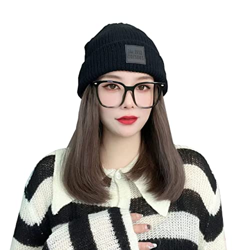 SYMENGR Beanie Hats for Women with Hair Wig Attached Winter Hats Knit Cap with Hair Womens and Girls Fashion Snow Cap (Black Hat - Short Hair)