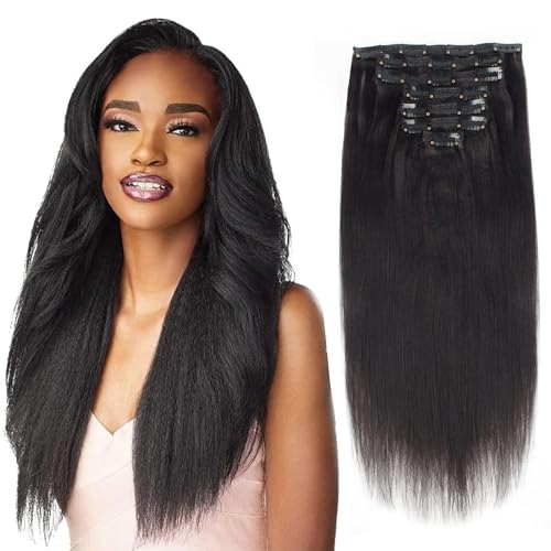 Lovrio Thick Yaki Straight Clip in Human Hair Extensions Double Weft Straight Clip in Hair Extension Human Hair for Black Women Real 12 Inch Natural Black Yaki Clip ins Hair120G 7 Pieces With 17 Clips