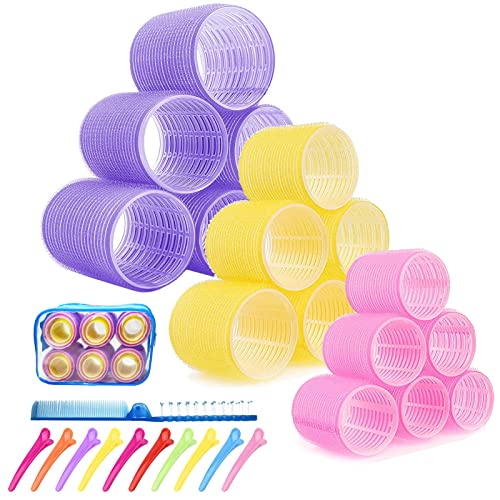 Jumbo Large Hair Rollers Set,31pcs 3 Sizes with Clips & Comb Hair Curlers,ROPIKIS Big Self-Grip Hair Rollers Volume, fit Bangs Thick Fine Thin Blowout Medium Long Hair, Travel Pack Set (2.5" /2"/1.5")