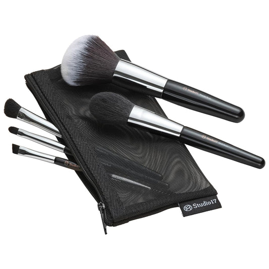 STUDIO17 Travel Makeup Brush Set 5 Pcs| Essential Face & Eye Makeup Brush Set | Portable Makeup Brush Set for Travel | Makeup Pouch & Brush Cover Included
