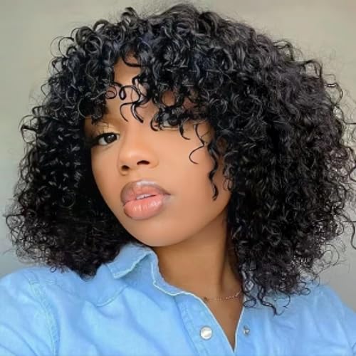 Sakula Short Curly Bob Wigs with Bangs for Black Women Human Hair Black Wig 180% Density Water Wave Human Hair Wig with Bangs Glueless None Lace Front Wig Natural Color(12 inch)