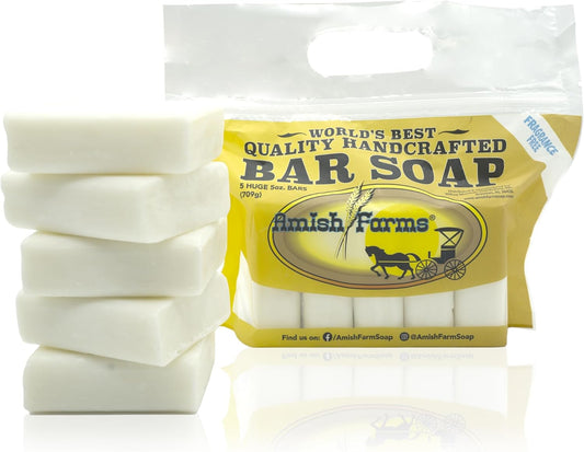 Amish Farms Fragrance-Free & Dye-Free Natural Bar Soap for Sensitive Skin (Huge 5 Bars) - Made in USA, Unscented Moisturizing Bar Soap Soap (5-Pack)