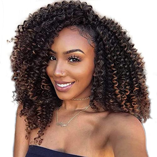 LADY MIRANDA Brown Color Afro kinky Curly Braiding Hair Extensions Jerry Curl Crochet Hair 3X Braid Hair Mixed Dark Brown to Light Brown Short Synthetic Hair Styles (Black&brown)