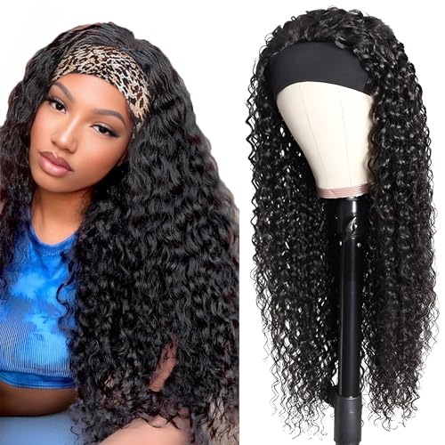 NICMISS Deep Wave Headband Wig Human Hair 18 Inch Curly Headband Wigs for Black Women Human Hair Glueless None Lace Front Wig Brazilian Virgin Hair Wear and Go Wigs 150% Density Natural Black Color