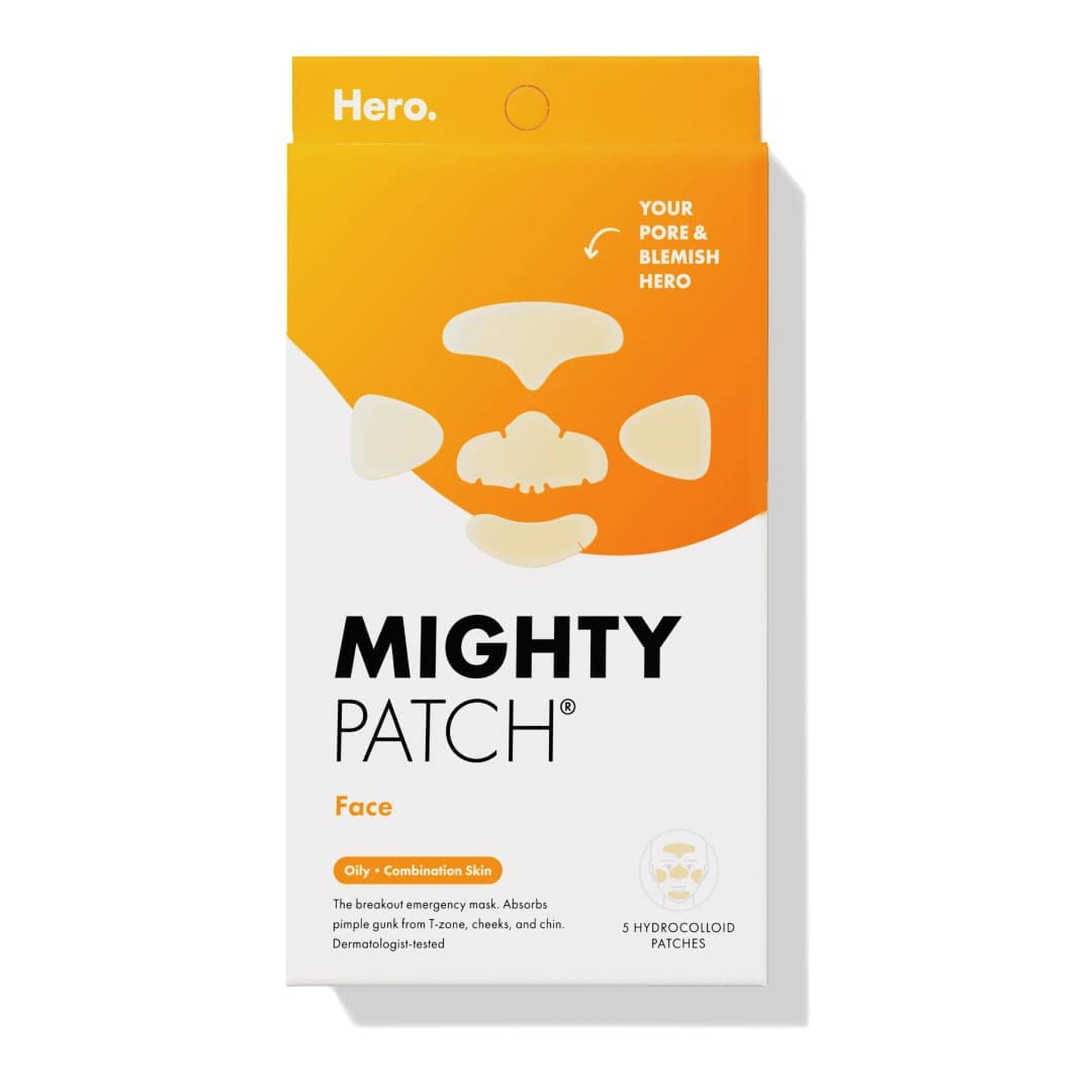 Mighty Patchª Face patch from Hero Cosmetics - XL Hydrocolloid Face Mask for Acne, 5 Large Pimple Patches for Zit Breakouts on Nose, Chin, Forehead & Cheeks - Vegan-Friendly (1 Count)