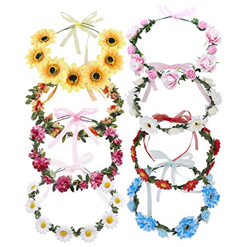 Lawie 8 Pack Boho Flower Crowns Floral Wreath With Ribbon Halo Headbands Garland Wedding Bridal Bridesmaid Headpiece Tiara Sunflower Daisy Rose Hairbands Hawaiian Party Accessories for Kids Women Girl