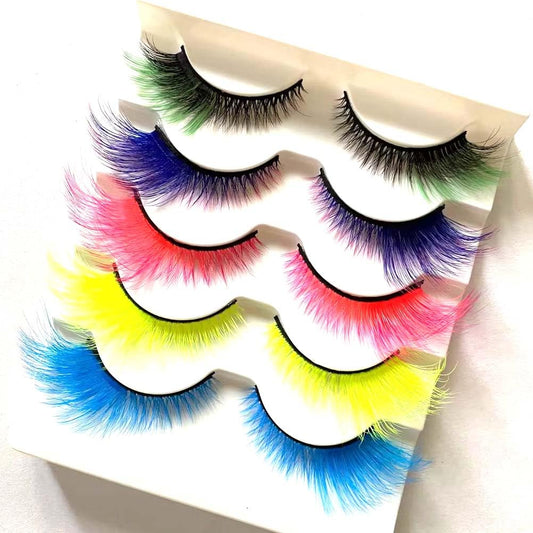 Sunniess Ombre Colored Lashes Silk Protein Fluffy Wispy Volume Fake Lashes for Halloweens Cosplay Party Stage Russian D Curl Lashes with Color Make up Faux Mink False Eyelashes 5 Pairs (AG21)