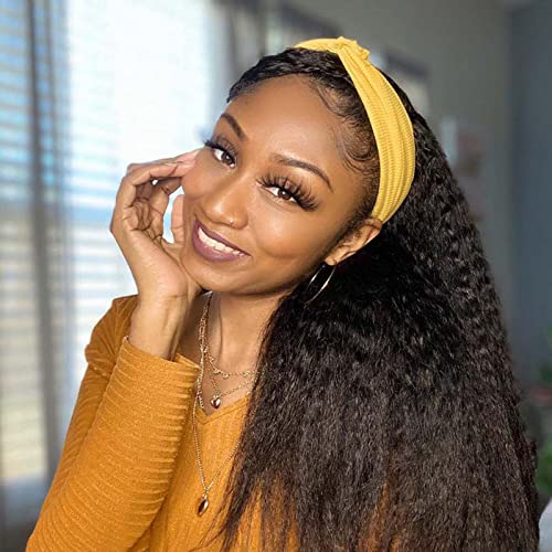 Vligcor Kinky Straight Headband Wigs 16inch None Lace Front Synthetic Wig Yaki Straight Wigs with Headband for Black Women Natural Hairline Kinky Wigs with Headband (#1B)