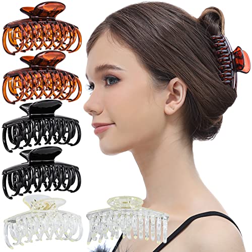 RC ROCHE ORNAMENT 6 Pcs Womens Classic Double Multi Layer Fine Teeth Claws Jaw Interlocking Strong Hold No Slip Firm Grip Hair Clutcher Clamp Beauty Fashion Accessory, Large Clear Brown and Black