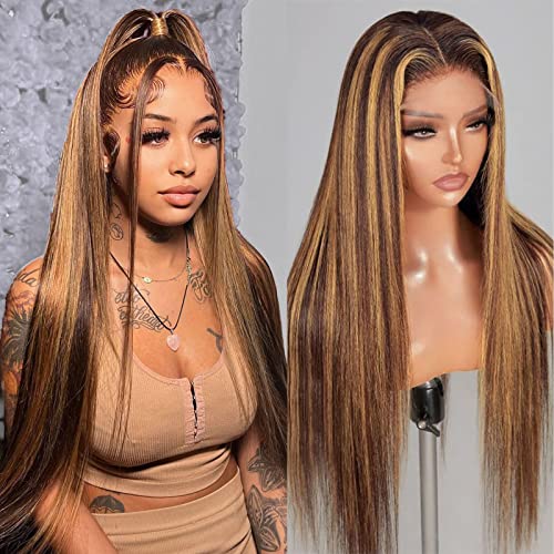 CLong Highlight Ombre Lace Front Wig Human Hair, 13x4 Straight 4/27 Honey Blonde HD Lace Front Wig Human Hair Pre Plucked 150% Density Colored Lace Front Wigs for Women 20Inch