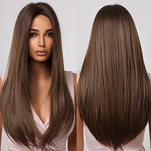 Allbell Brown Wigs for Women Long Straight Layered Synthetic Wig Natural Hair Middle Part