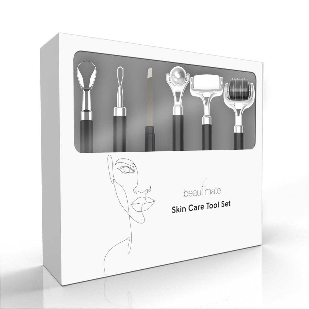 6 In 1 Complete Skin Care Gift Set Facial Beauty Kit with White Quartz Jade Roller for Face, Microneedle Derma Roller Stamp, Eye Massager, Tweezer, Scooper and Blackhead Remover