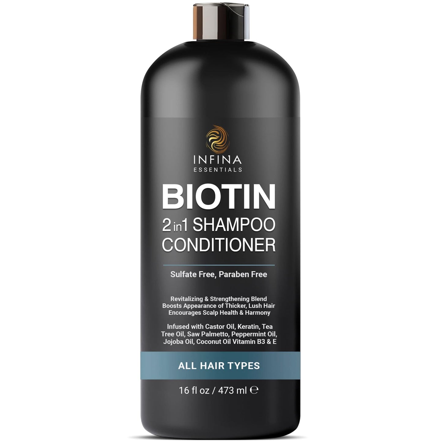 INFINA ESSENTIALS Biotin Shampoo and Conditioner 2 in 1 for Men & Women | Hair Thickening Formula with Saw Palmetto, Keratin, Caffeine, Tea Tree Oil & Vitamin E | 2in1 Hair Care Convenience - 16 fl oz