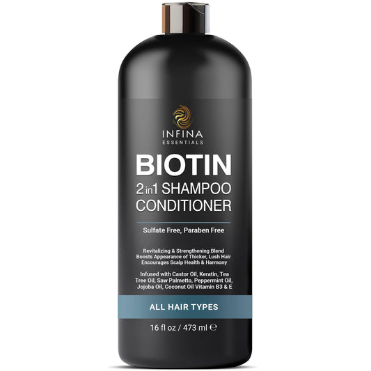 INFINA ESSENTIALS Biotin Shampoo and Conditioner 2 in 1 for Men & Women | Hair Thickening Formula with Saw Palmetto, Keratin, Caffeine, Tea Tree Oil & Vitamin E | 2in1 Hair Care Convenience - 16 fl oz