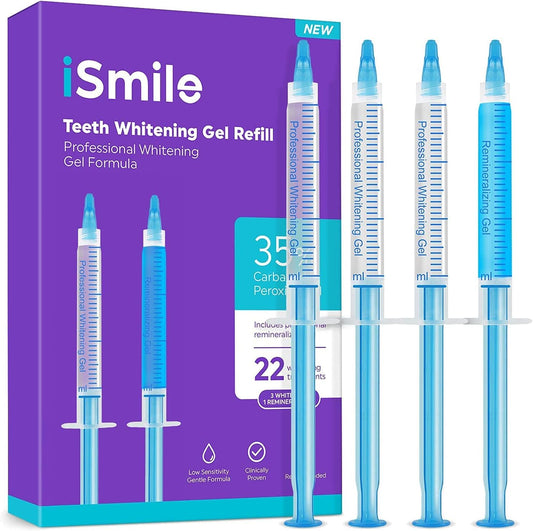 iSmile Teeth Whitening Gel Syringe Refill Pack - (3) 3ml Whitening Gel Syringes, (1) Remineralization Gel Syringe, No Sensitivity, Premium Quality, Use with LED Light and Trays