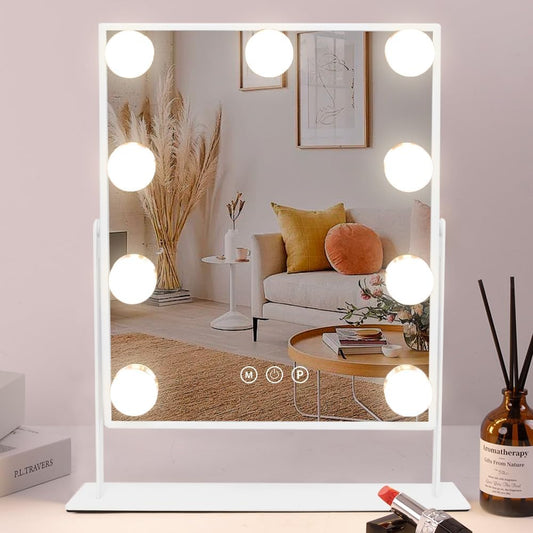 COOLJEEN Vanity Mirror with Lights, 9 Led Bulbs Lighted Makeup Mirror with Detachable 10X Magnification Mirror, Hollywood Mirror 3 Color Lights Tabletop Makeup Mirror, 360¡Rotation