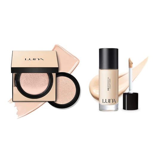 LUNA 50-Hours Conceal Fixing Cushion Foundation Refill Included #21 Cool Ivory + LUNA Long Lasting BIG Tip Concealer #01 Light Beige