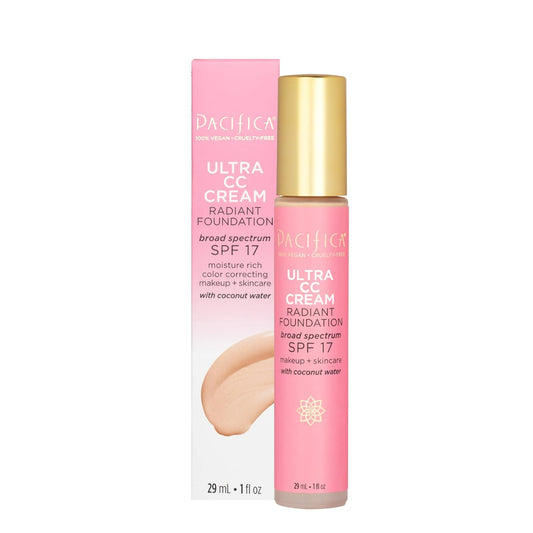 Pacifica Beauty Ultra CC Cream Radiant Foundation with Broad Spectrum SPF 17, Warm/Light Color, 100% Vegan & Cruelty Free, 1 Fl Oz