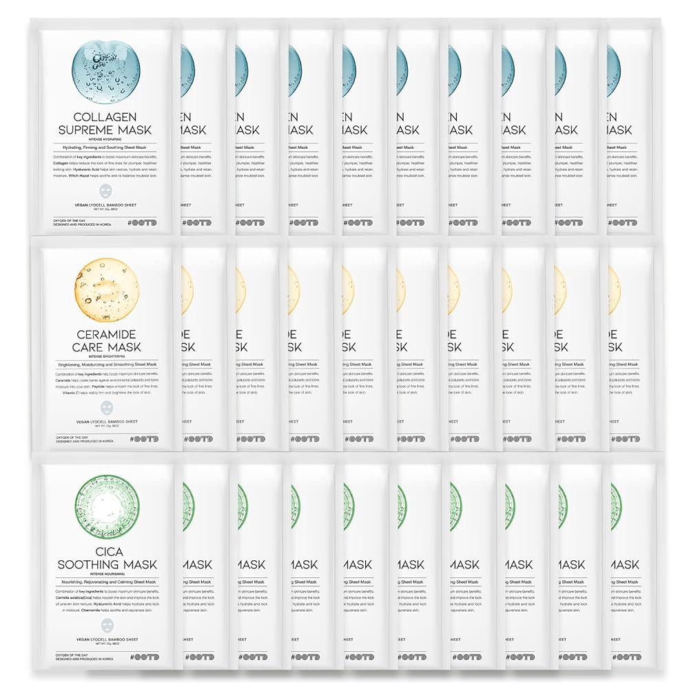 Hydrating Soothing Sheet Masks Gift Set for Skincare, Korean Vegan Sheet Mask for Dry, Acne prone, Sensitive Skin, Calming, Smoothing, Brightening, Collagen, Ceramide, Cica, Hyaluronic Acid 30EA