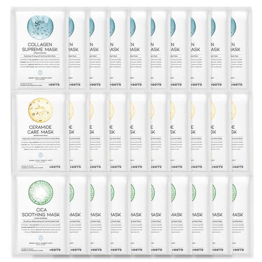 Hydrating Soothing Sheet Masks Gift Set for Skincare, Korean Vegan Sheet Mask for Dry, Acne prone, Sensitive Skin, Calming, Smoothing, Brightening, Collagen, Ceramide, Cica, Hyaluronic Acid 30EA