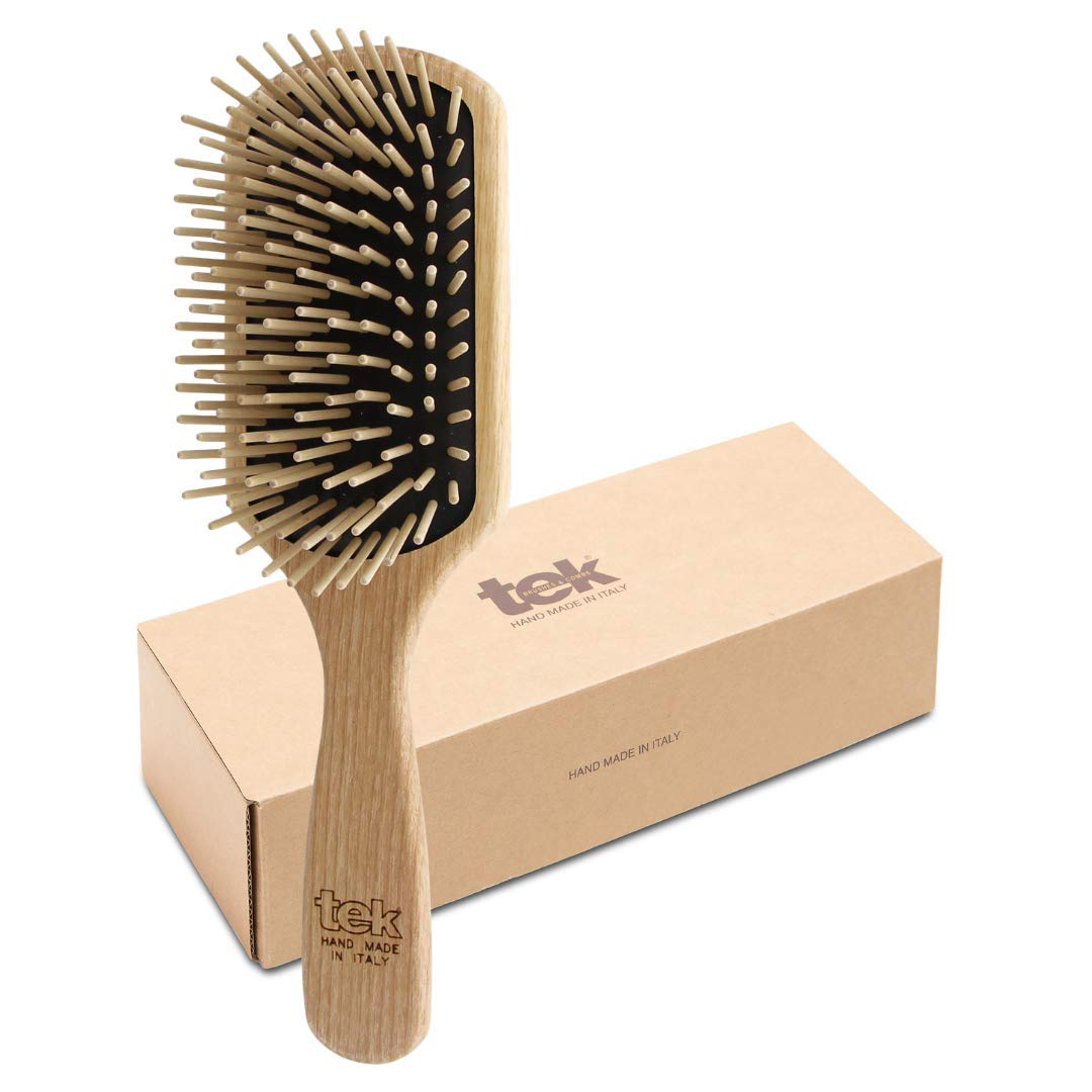 TEK- Rectangular Brush with Long Tooth in Ash Wood Handmade in Italy, for Long, Thick and Straight Hair - 22 x 6.5 cm