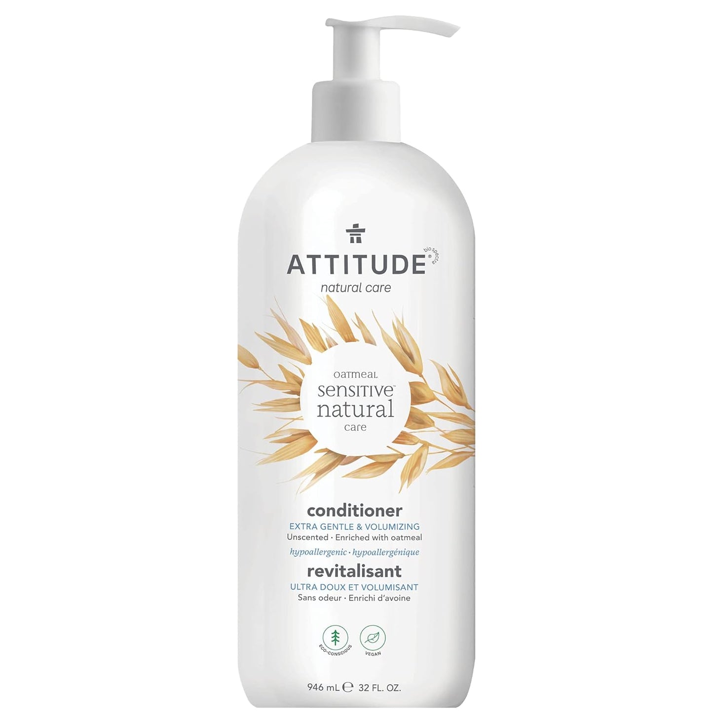 ATTITUDE Extra Gentle Conditioner for Sensitive Skin with Oat, Dermatologically Tested, Vegan, Unscented, 35 Fl Oz