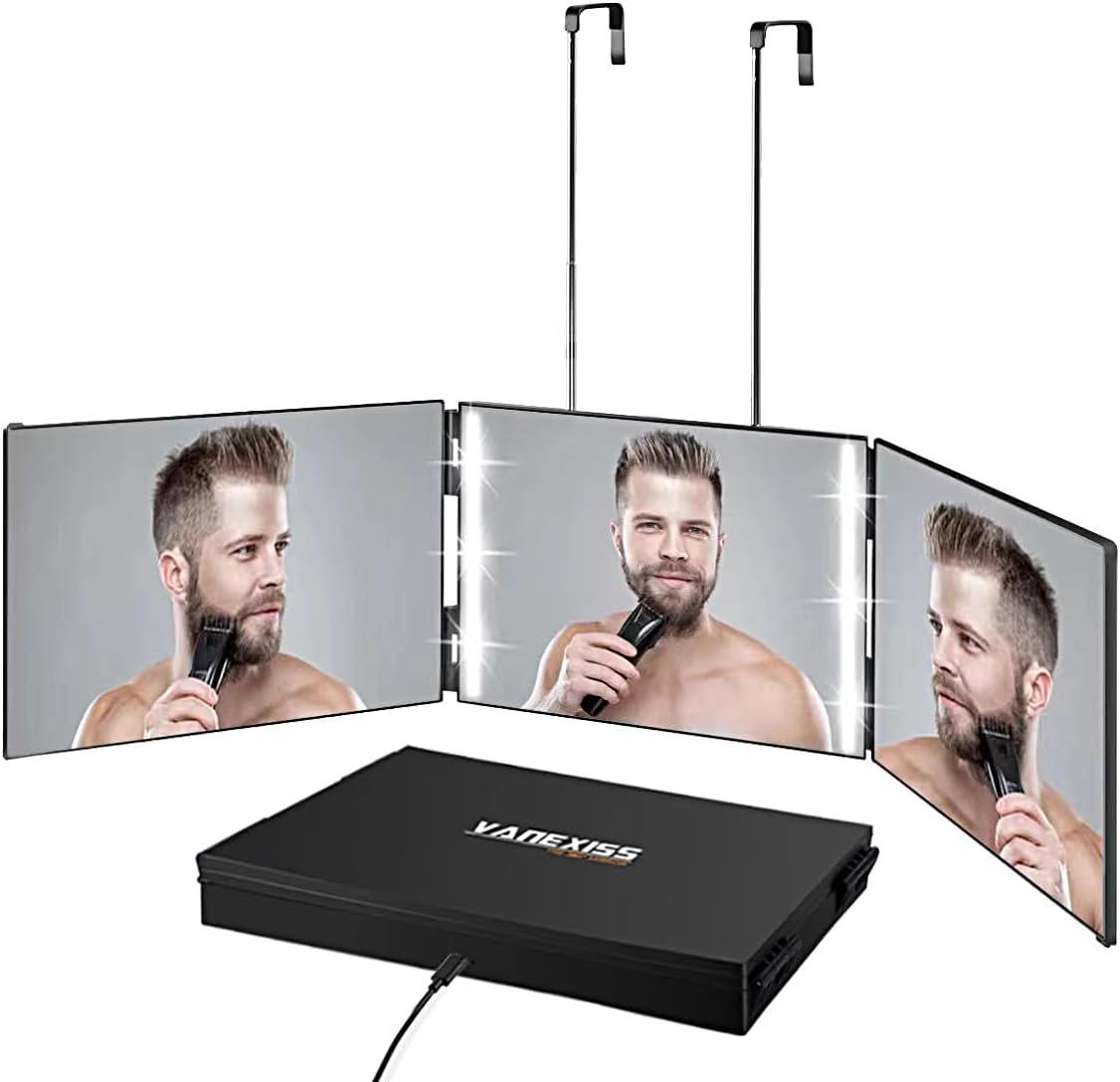 Vanexiss Rechargeable 3 Way Mirror for Hair Cutting, Real Glass Adjustable Trifold Mirror with LED Light & Telescoping Hooks for Makeup, Shaving & Styling