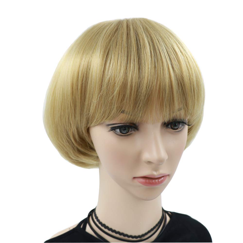 NEWPECK Girls Golden Mushroom Wig Short Bob Wig With Bangs Blonde Bowl Cut Wig Cap For Women
