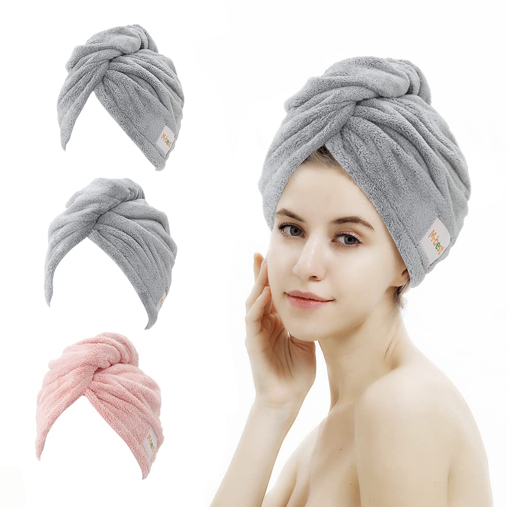 M-bestl 3 Pack Microfiber Hair Towel,Hair Towel Wrap,Hair Drying Towel, 350 GSM Super Absorbent and Lightweight Hair Turban to Dry Hair Faster (Pink&Gray&Gray)