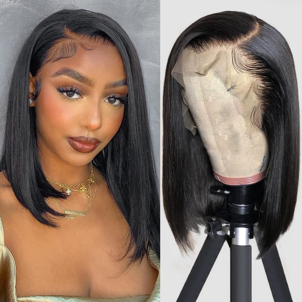 Flady 12 inch Straight Bob Wig Human Hair 13x4 HD Frontal Lace Wig 150% Density Short Bob Wigs for Women Glueless Bob Lace Front Wigs Human Hair Pre Plucked Natural Black Color