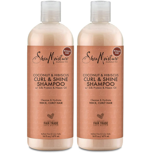 Shea Moisture Curly Hair Products, Coconut & Hibiscus Curl & Shine Shampoo, Shea Butter, Coconut Oil, Vitamin E, Sulfate Free Shampoo, Anti Frizz, Family Size (2 Pack – 16 Fl Oz Ea)