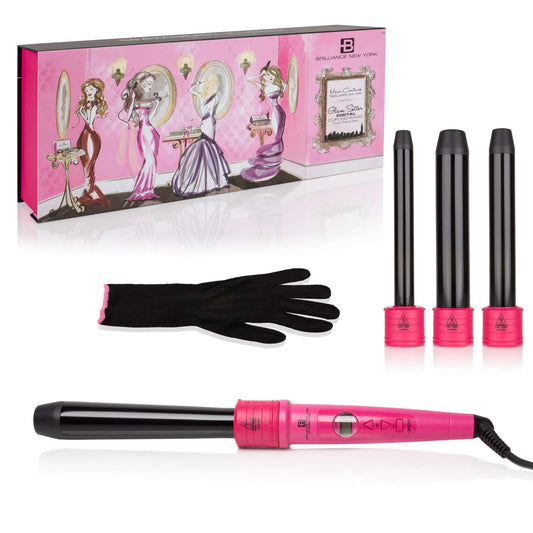 Brilliance New york Women's C4HP Digital Quad Barrel Curling Iron Diamond Dust Technology | Plus Free Heat Resistant Glove, Hot Pink