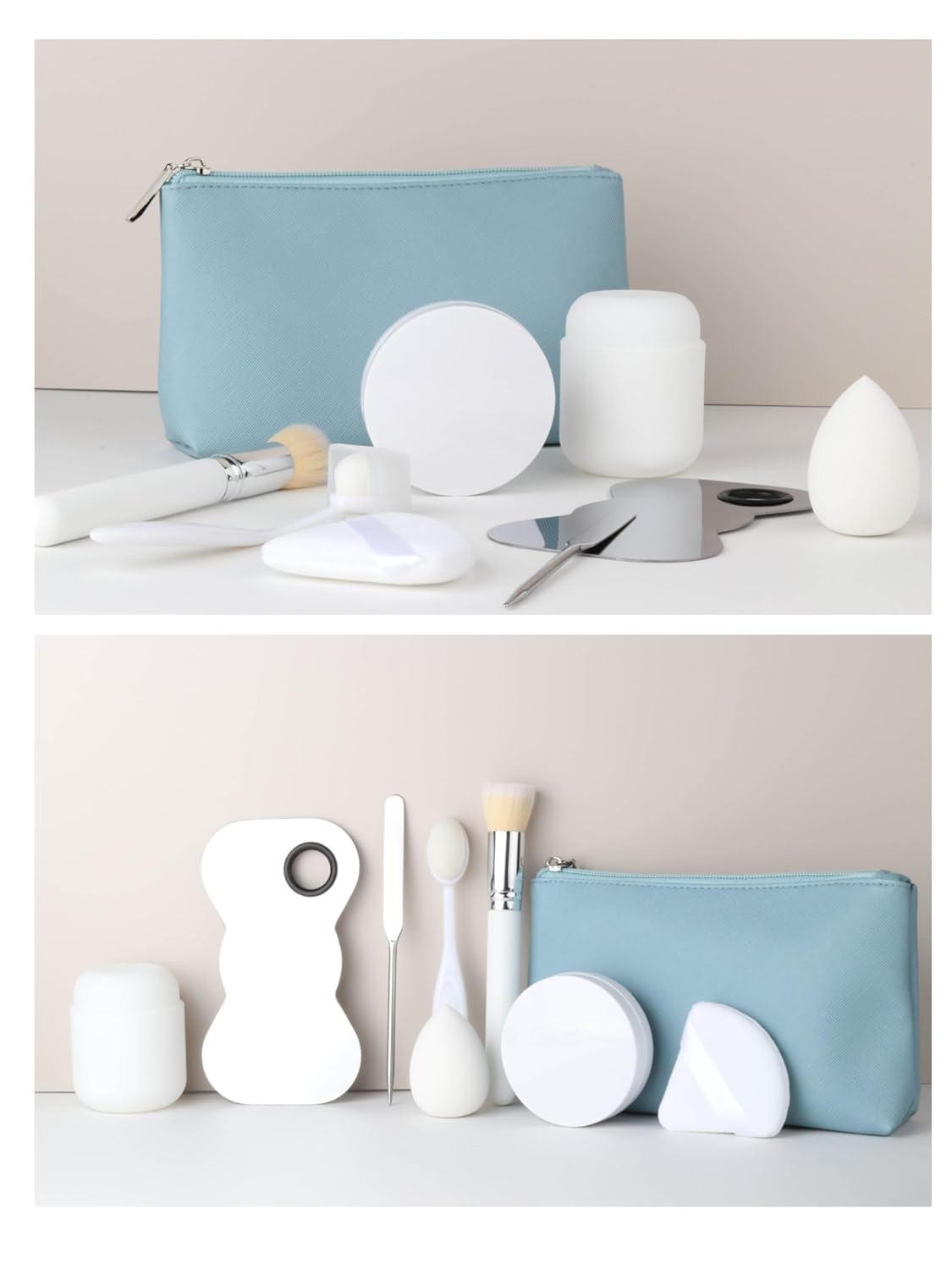 Foundation Makeup Tools: Travel bag with Air Cushion foundation case, Makeup sponge, Makeup brushes, Kabuki Brush, foundation brush, beauty blender, triangle powder puff, Korean Makeup Spatula, & More