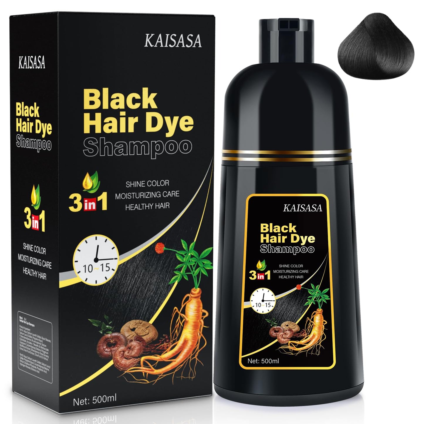 IIIMEIDU Black Hair Dye Shampoo 3 in 1 for Gray Hair, Herbal Ingredients Shampoo Black Hair Dye for Women Men, Grey Coverage Shampoo 500ml (Black)