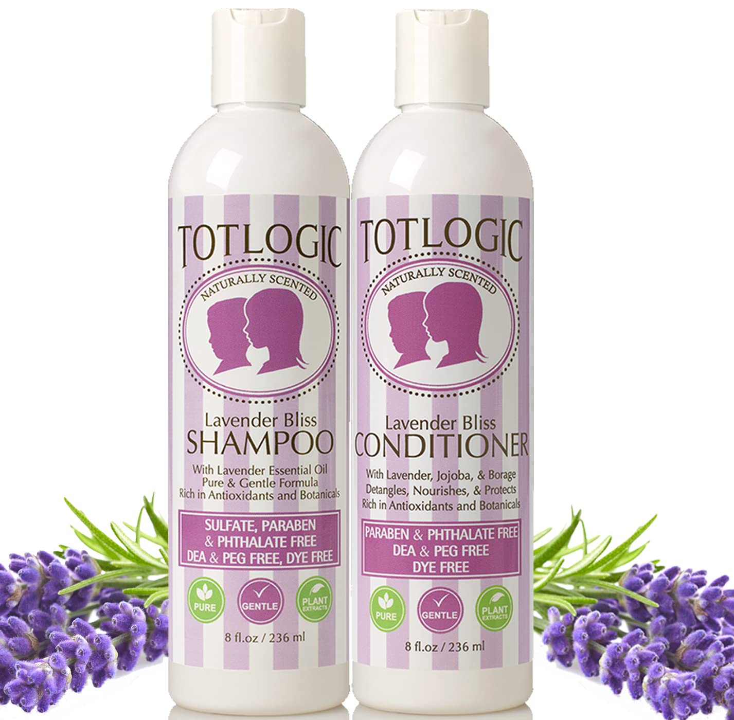 TotLogic Kids Shampoo & Conditioner Set - Sulfate and Paraben Free, Phthalate Free, Non-Toxic Plant Based Natural Formulas - Gentle & Hypoallergenic for Senstive Skin (Lavender)