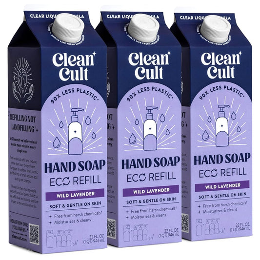 Cleancult - Liquid Hand Soap Refills - Wild Lavender - Made with Aloe Vera & Lavender Essential Oil - Nourishes & Moisturizes Dry & Sensitive Skin - Eco Friendly - Paper-Based Packaging - 32 oz/3 Pack
