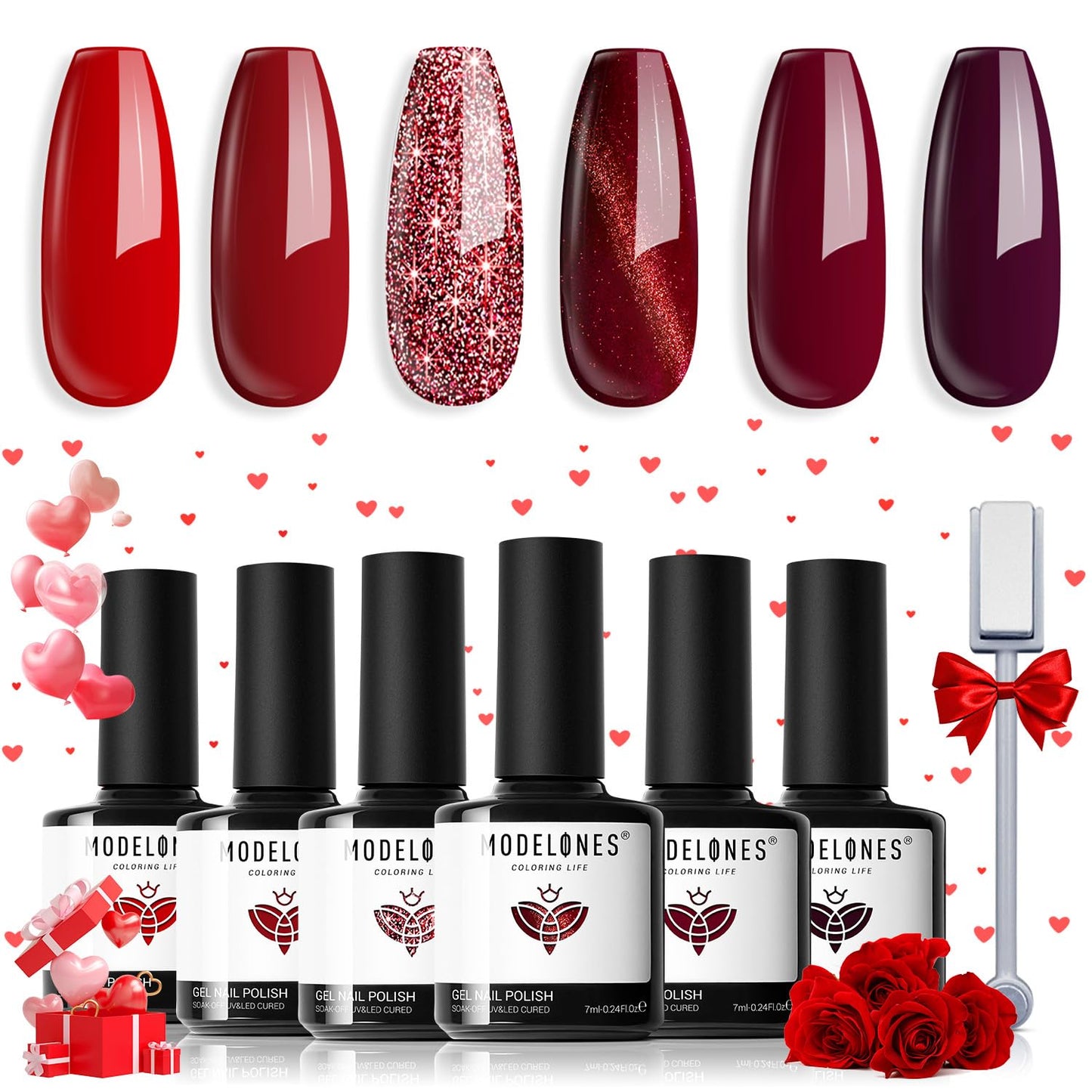 modelones Red Gel Nail Polish Set - 6 Colors Ruby Sparks Collection Popular Glitter Gel Polish Cat Eye Burgundy Red Sparkle Bloody Red Nail Polish Kit Art, DIY Home Salon Valentine's Gifts for Women