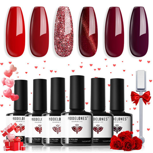 modelones Red Gel Nail Polish Set - 6 Colors Ruby Sparks Collection Popular Glitter Gel Polish Cat Eye Burgundy Red Sparkle Bloody Red Nail Polish Kit Art, DIY Home Salon Valentine's Gifts for Women